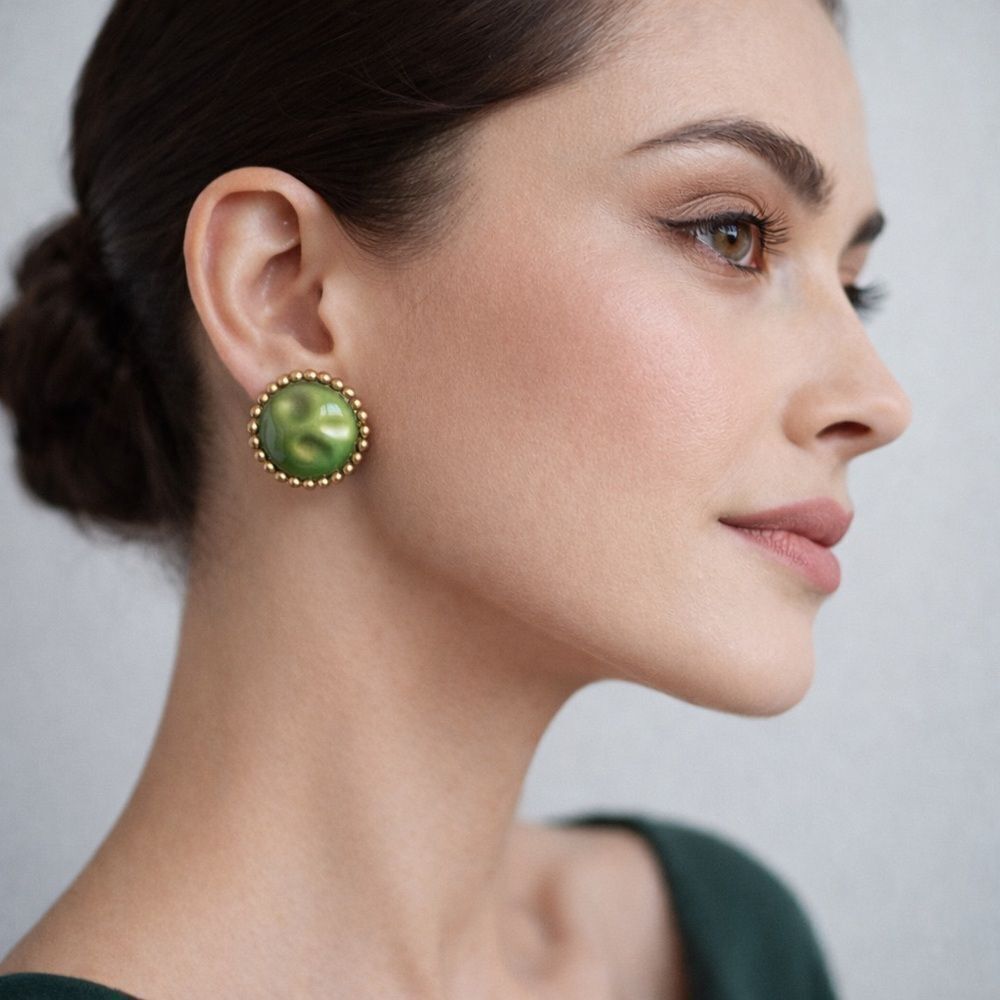 Vintage mid century chunky antique gold bead with olive green centers earrings